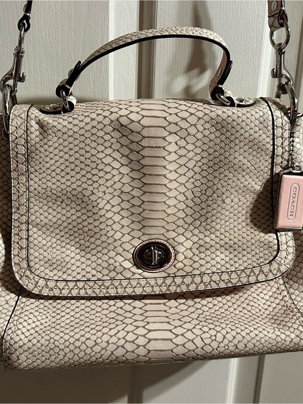 Coach Pink Beige Snake-Embossed Leather Top Handle Bag